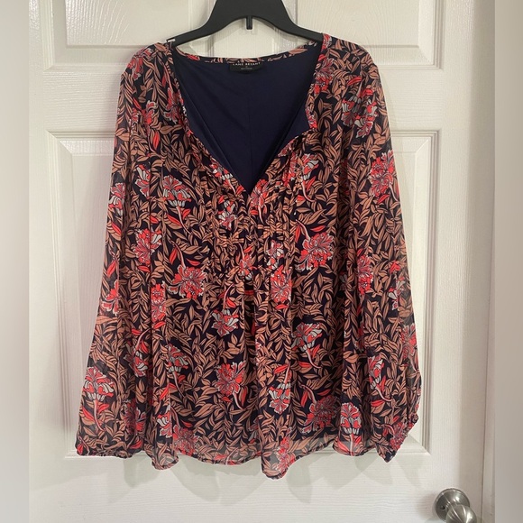 Lane Bryant Top Womens 22 Navy & Pink Floral Balloon Sleeve Lined Flowy Plus - Picture 1 of 9